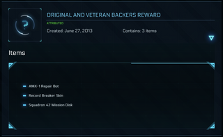 Original and Veteran Backers Reward from June 2023 containing the AMX-1 Repair Bot, Record Breaker Skin, and Squadron 42 Mission Disk.