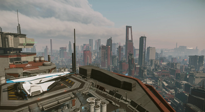 Crusader C1 Spirit parked on an Area17 rooftop, ArcCorp.webp