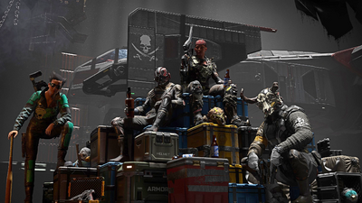 Pirates posing with their loot beside a Cutlass - Cropped.png